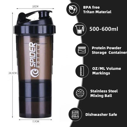 500ML Portable Protein Shaker Cup with Powder Storage Container Mixer Cup Gym Sport Water Bottles with Wire Whisk Ball