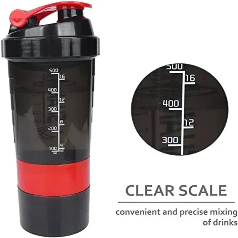 500ML Portable Protein Shaker Cup with Powder Storage Container Mixer Cup Gym Sport Water Bottles with Wire Whisk Ball